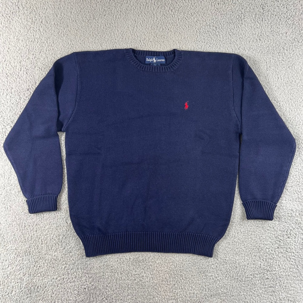 Ralph‎ Lauren Crewneck Sweater Men's Large Navy Blue 100% Cotton VTG NWT